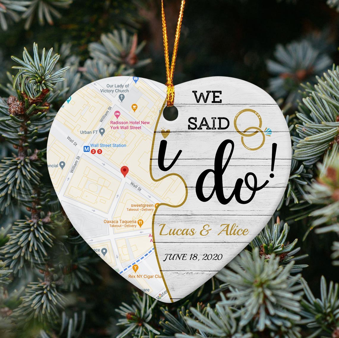 We Said I Do Custom Map Decorative Christmas Heart Ornament 2 Sided