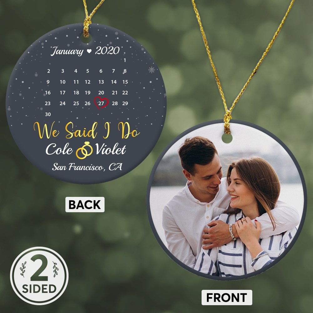 We Said I Do Custom Photo, Date And Text Anniversary Gift Navy Background Decorative Christmas Circle Ornament 2 Sided