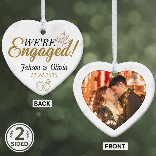 We're Engaged Custom Photo And Text Decorative Christmas Heart Ornament 2 Sided