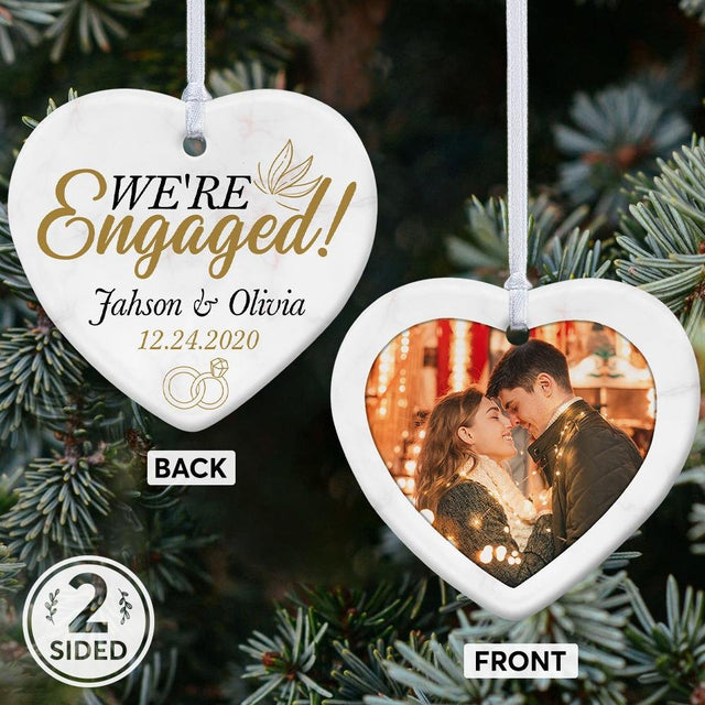 We're Engaged Custom Photo And Text Decorative Christmas Heart Ornament 2 Sided