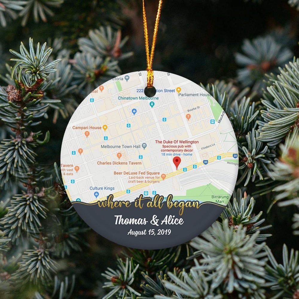 Where It All Began Custom Anniversary Gift For Couples Personalized Map Decorative Christmas Circle Ornament 2 Sided