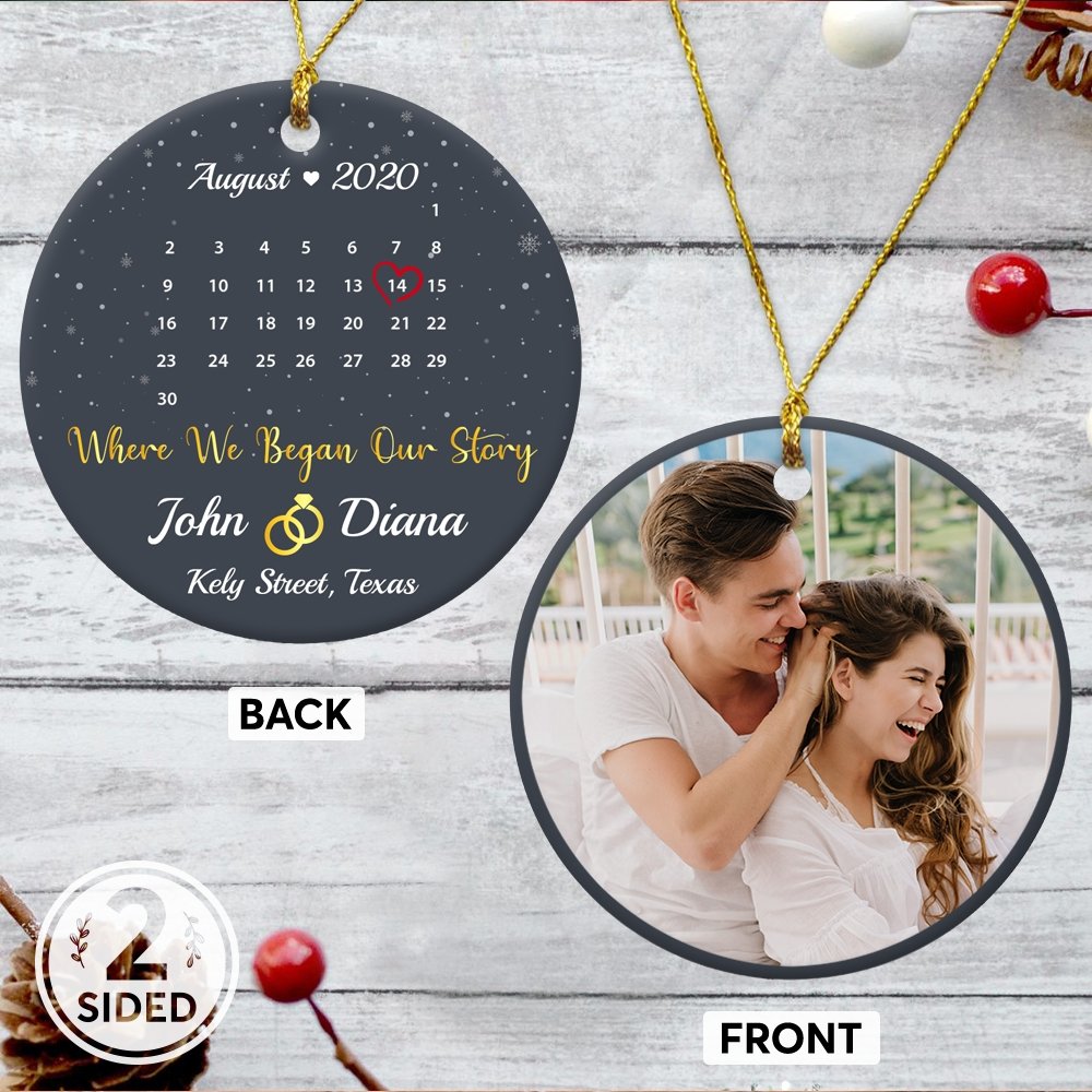 Where We Began Our Story Custom Photo, Date And Text Anniversary Gift Navy Background Decorative Christmas Circle Ornament 2 Sided