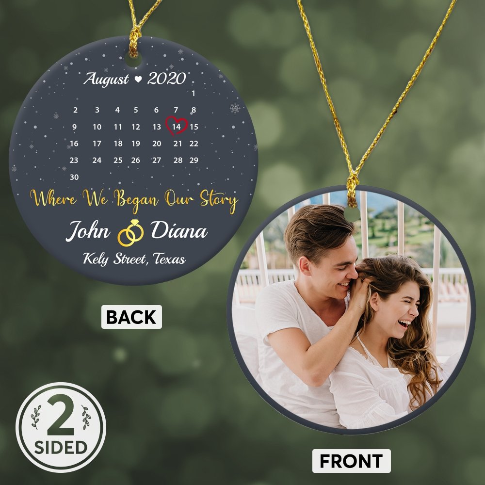 Where We Began Our Story Custom Photo, Date And Text Anniversary Gift Navy Background Decorative Christmas Circle Ornament 2 Sided