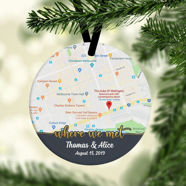 Where We Met Custom Anniversary Gift For Couples Personalized Map Decorative Christmas Circle Ornament 2 Sided