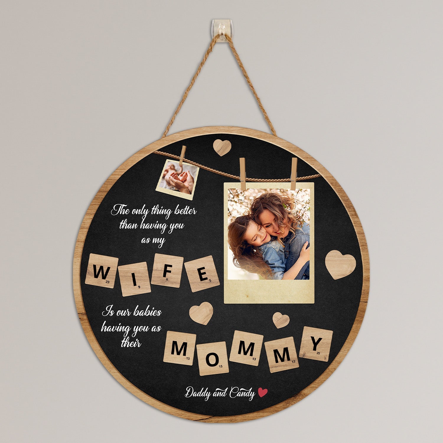 Wife And Mommy Custom Photo Collage, Personalized Name, Round Wood Sign